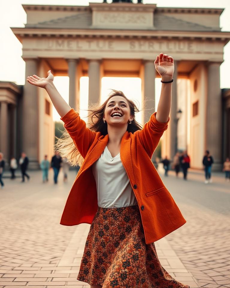Woman dancing in front of the Brandenburg Gate in Berlin