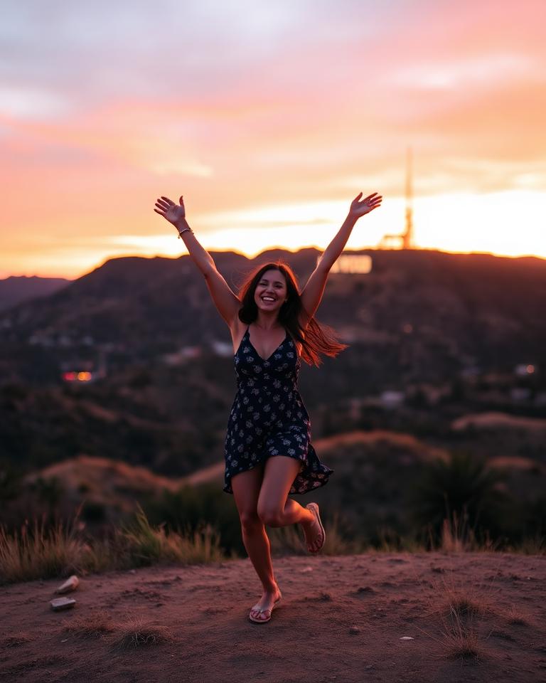 Woman dancing with Hollywood sign in Los Angeles