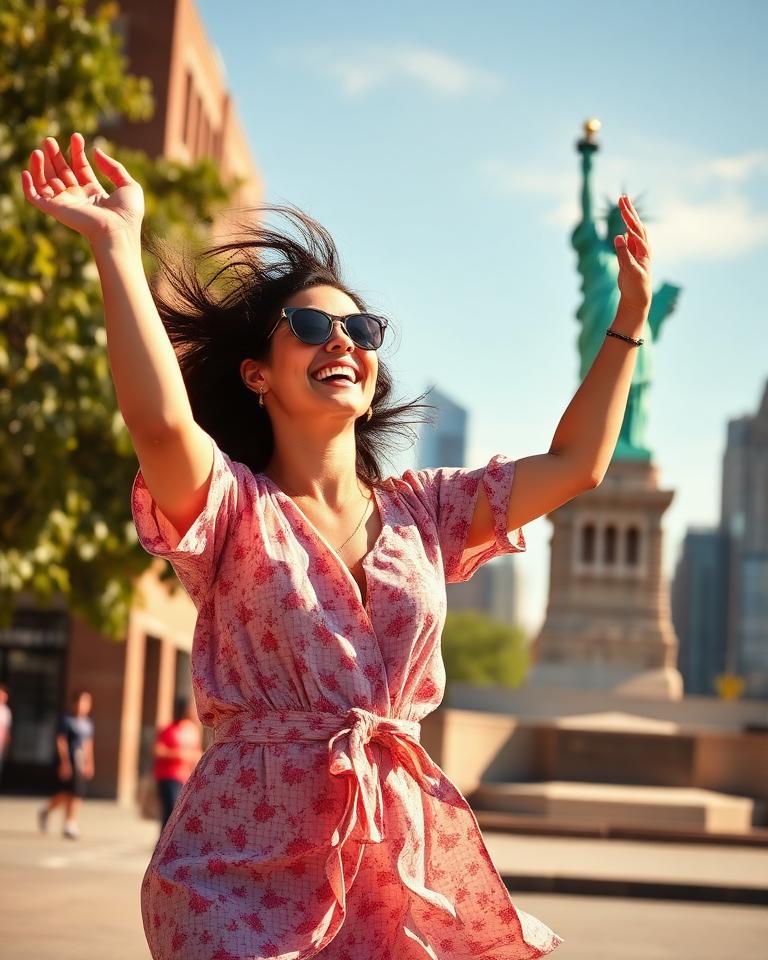 Woman dancing near the Statue of Liberty in New York