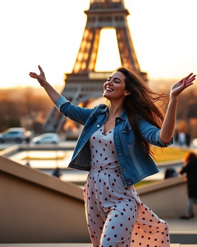 Woman dancing in front of the Eiffel Tower in Paris