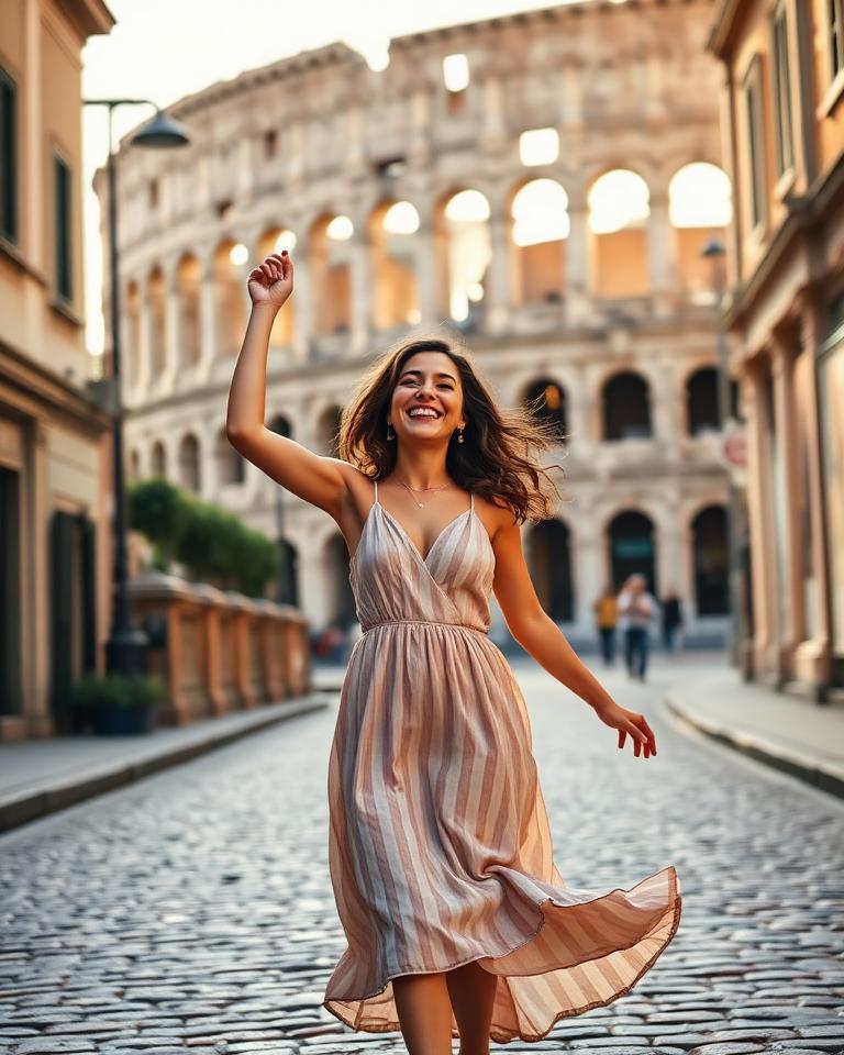 Woman dancing in front of the Colosseum in Rome