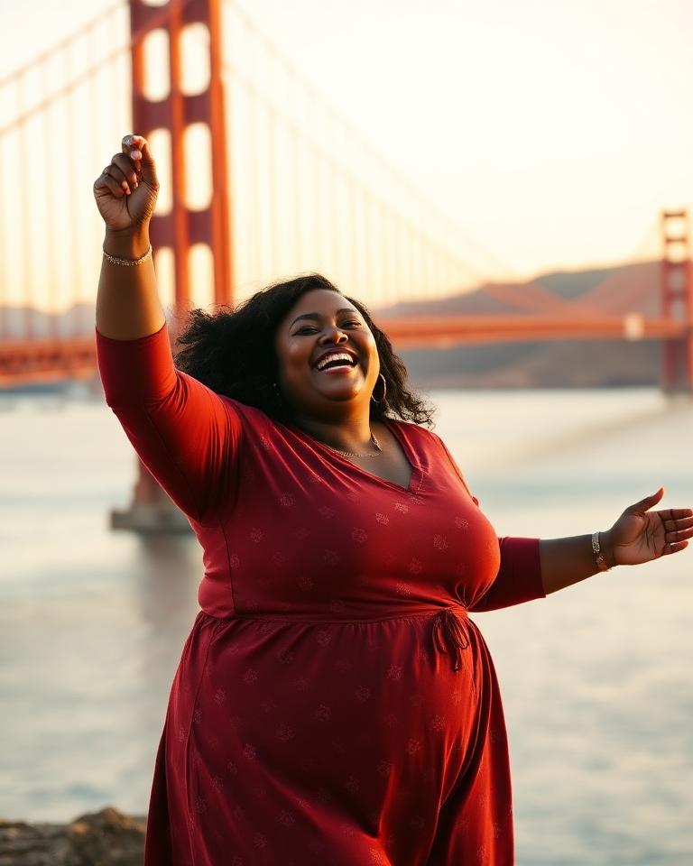 African American woman dancing in front of the Golden Gate Bridge in San Francisco