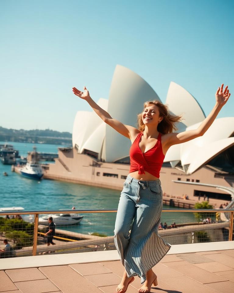 Woman dancing in front of the Sydney Opera House