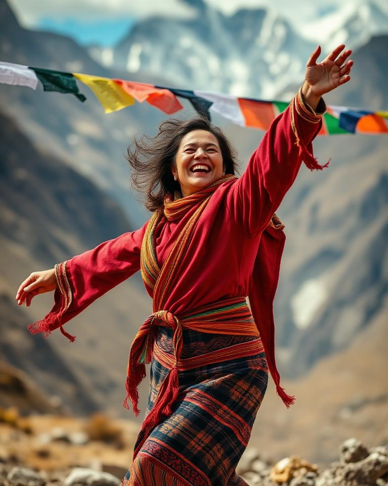 Woman dancing in the mountains of Tibet