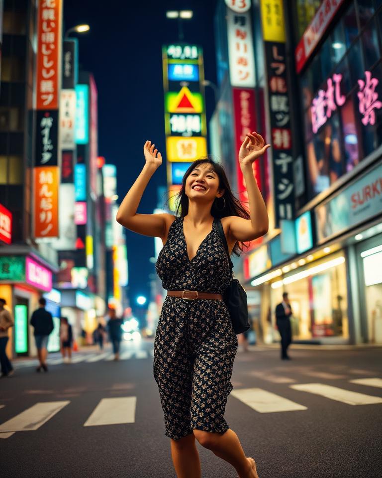 Woman dancing on the neon streets of Tokyo