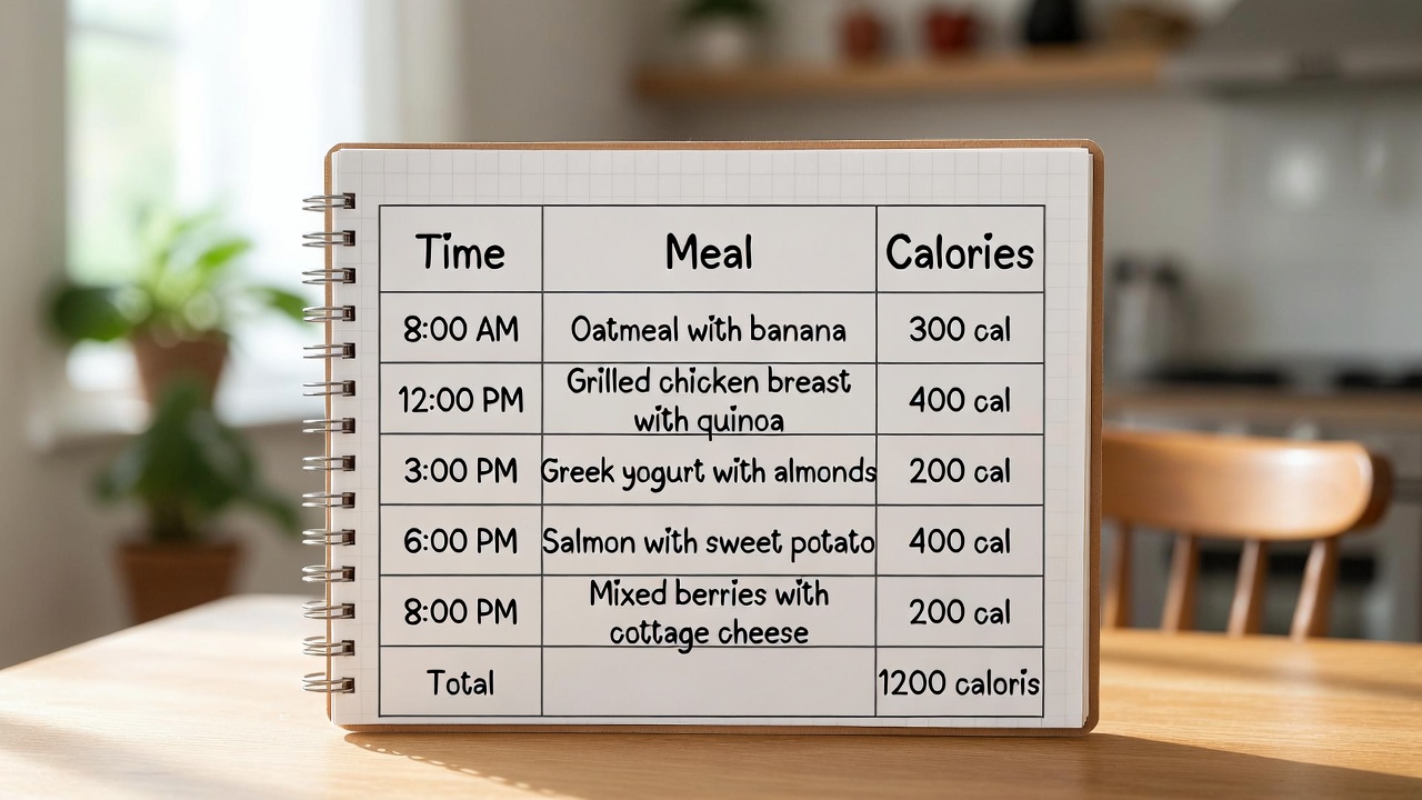 A handwritten 1200-calorie meal plan on a notebook listing five meals totaling 1200 calories