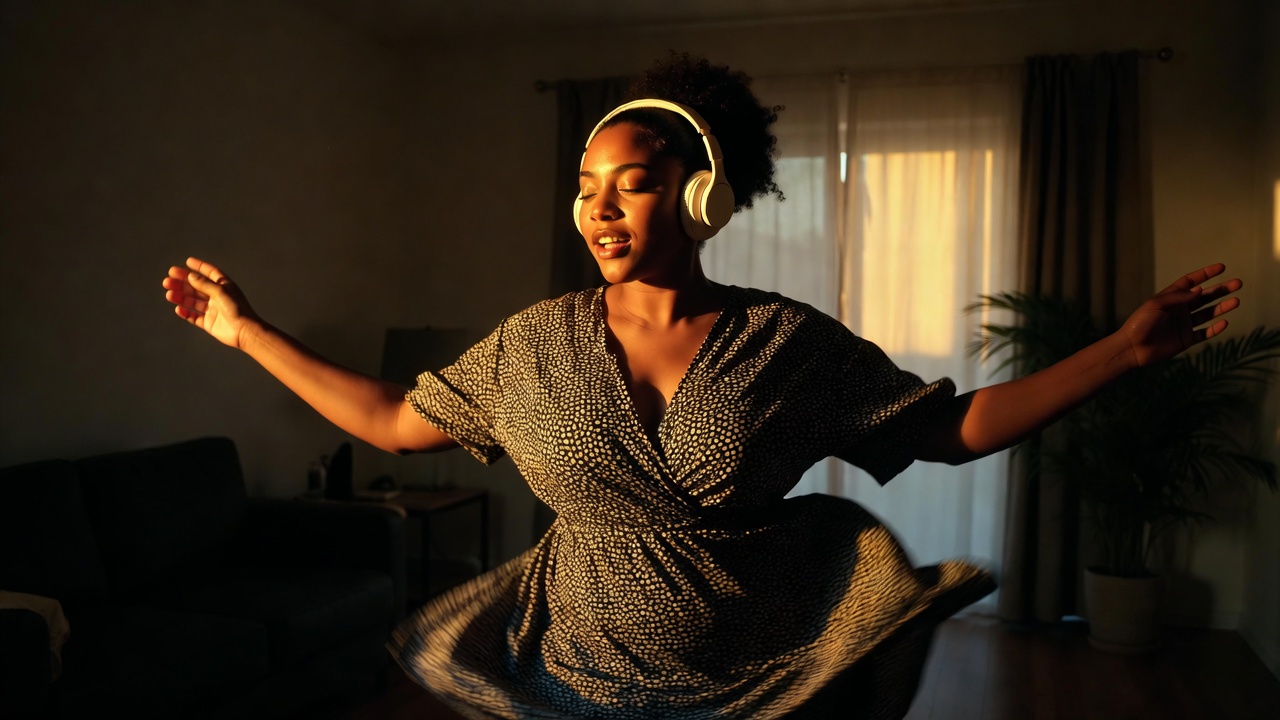 Woman dancing freely at home with wireless headphones, golden hour light