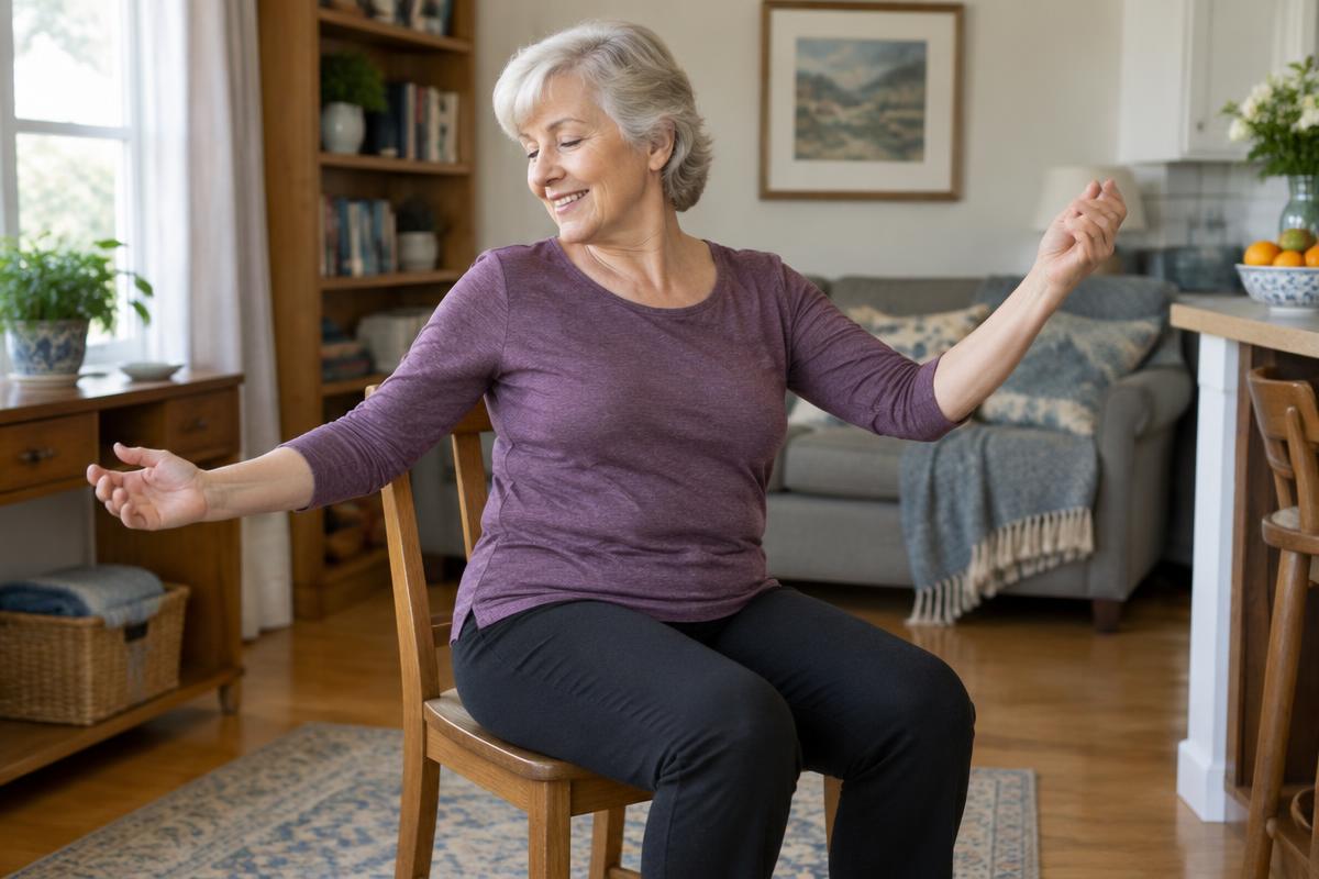 Woman in her 60s doing a seated chair dance at home with arms open