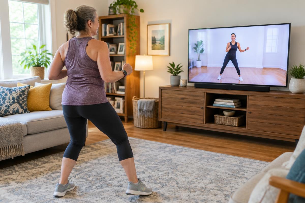 Woman following a low-impact dance workout on her living room TV