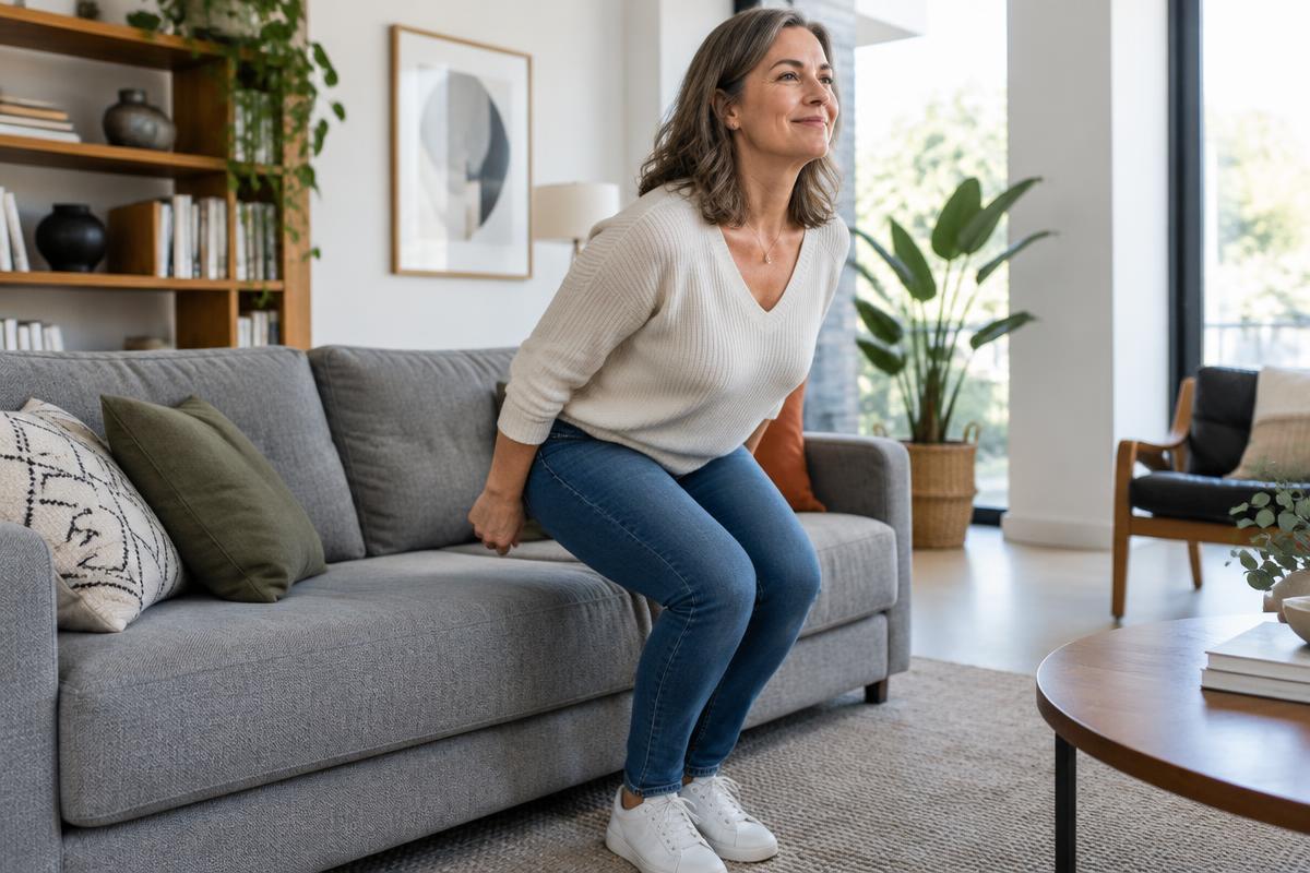 Woman in her 50s standing up from a low sofa without using her hands
