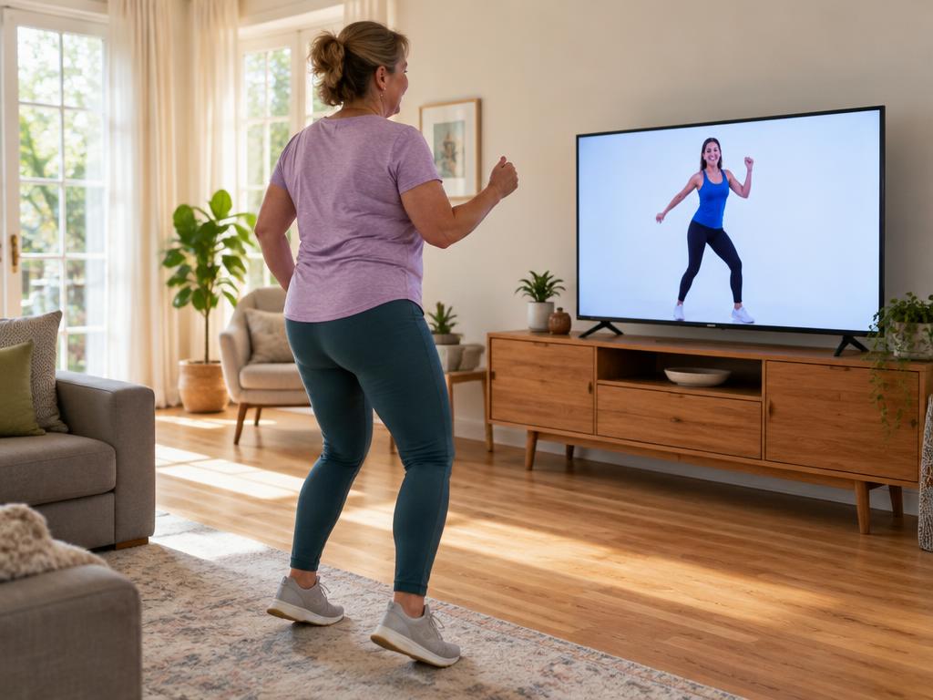 Woman following a beginner dance workout on a television in her living room