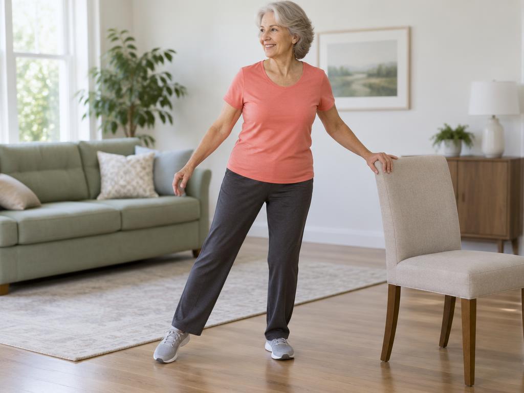 Woman practising a low-impact dance side-step with support from a sturdy chair