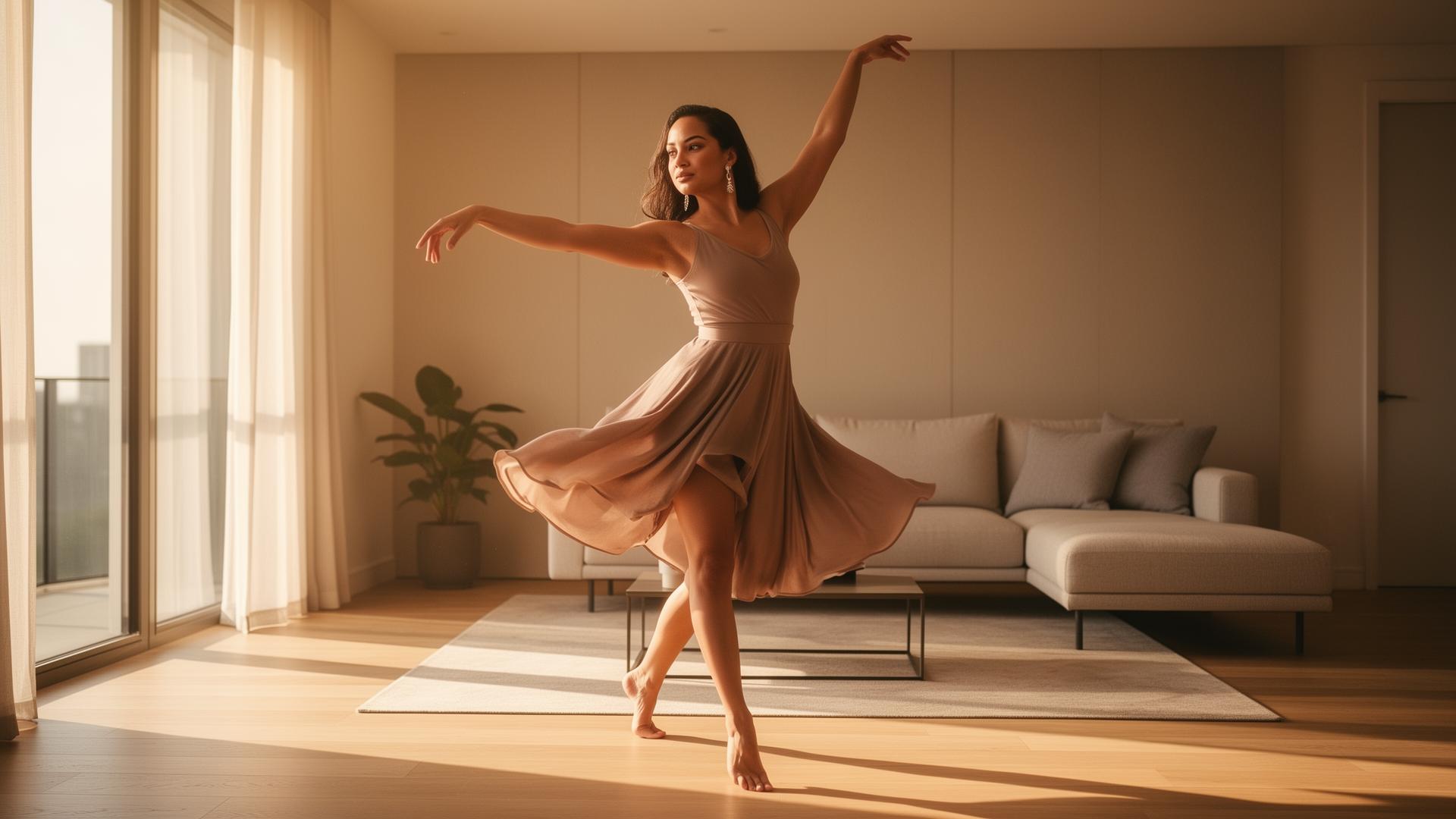 Woman practicing first heels-dance combo barefoot in a sunlit living room