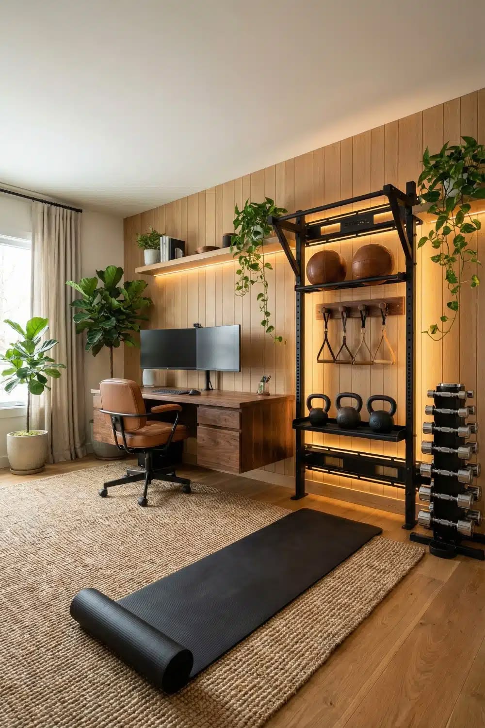 Cozy nook with desk, mat, and equipment rack