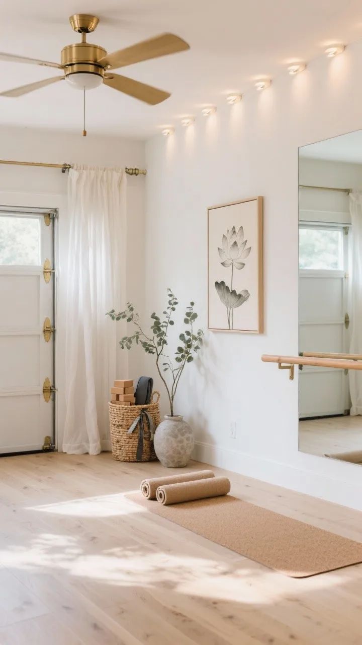 Bright minimalist space with mat, mirror, and barre