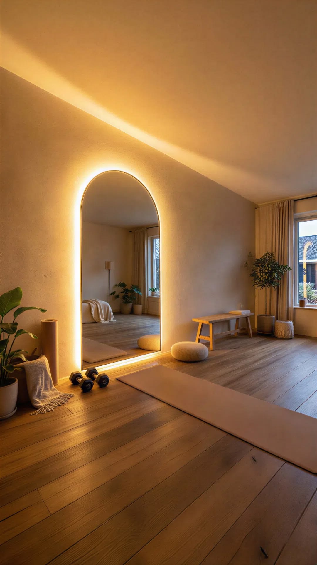Evening corner with arch mirror, mat, and warm light