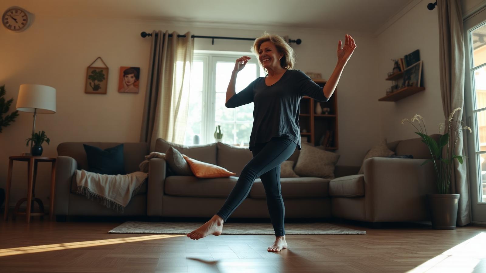 Woman in her 40s mid-step in a low-impact dance routine at home